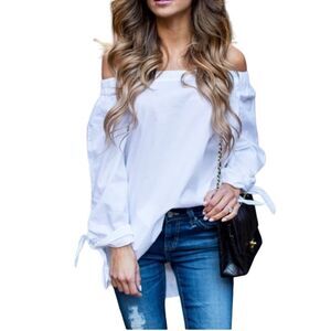 Free People Off Shoulder White Cotton Shirt With Bell Sleeves, Size XS